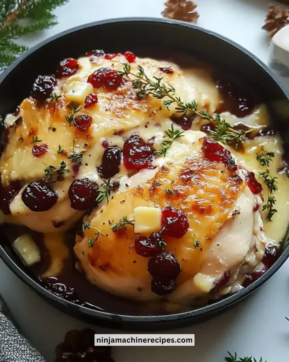 Impressive Cranberry Brie Stuffed Chicken served on a plate with herbs decoration.