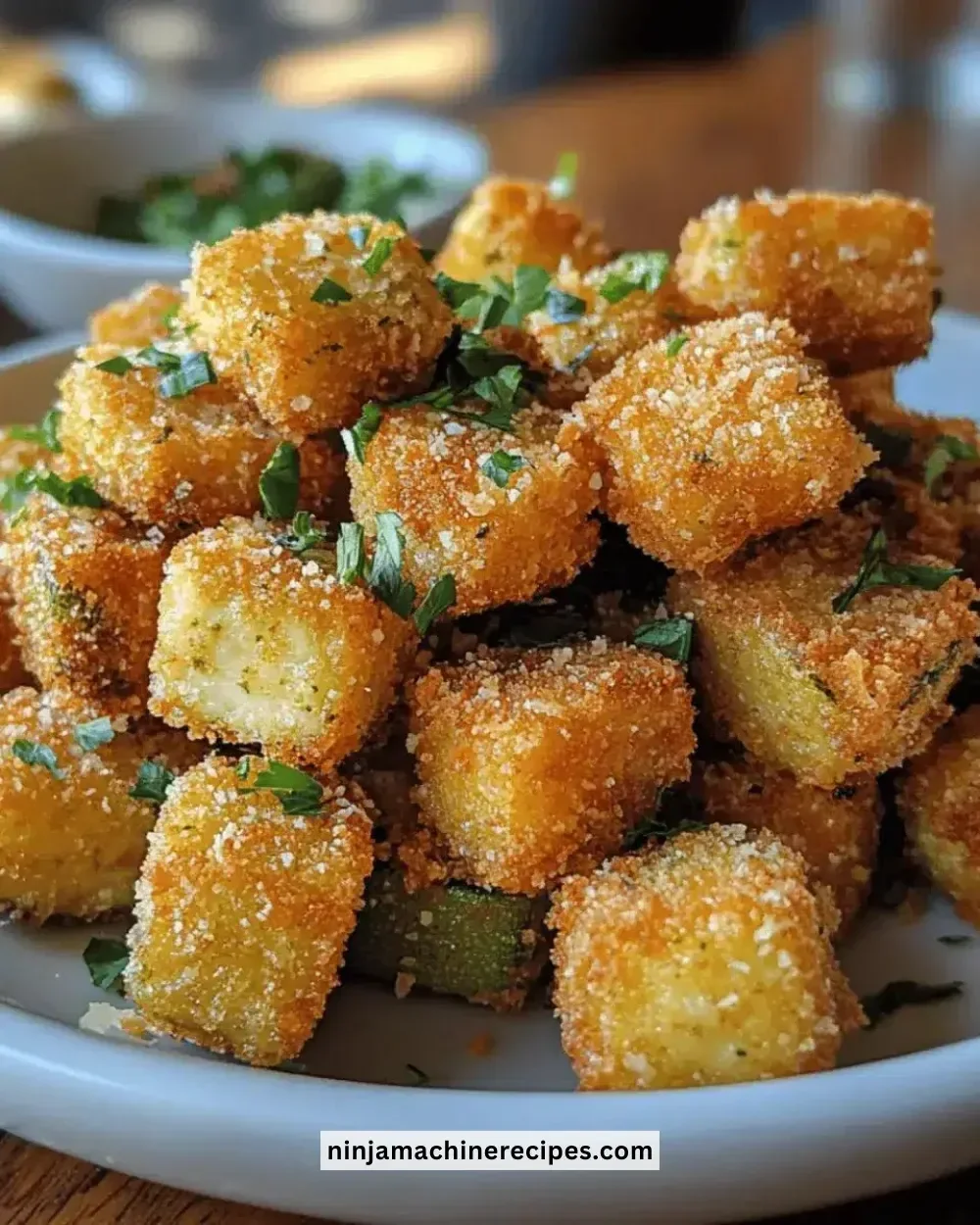 Plate of irresistibly crispy Parmesan zucchini bites garnished with herbs