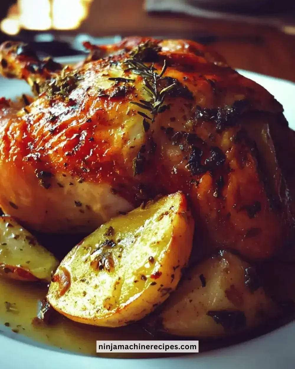 Juicy herb-rubbed roast chicken served with pan drippings in a rustic setting.