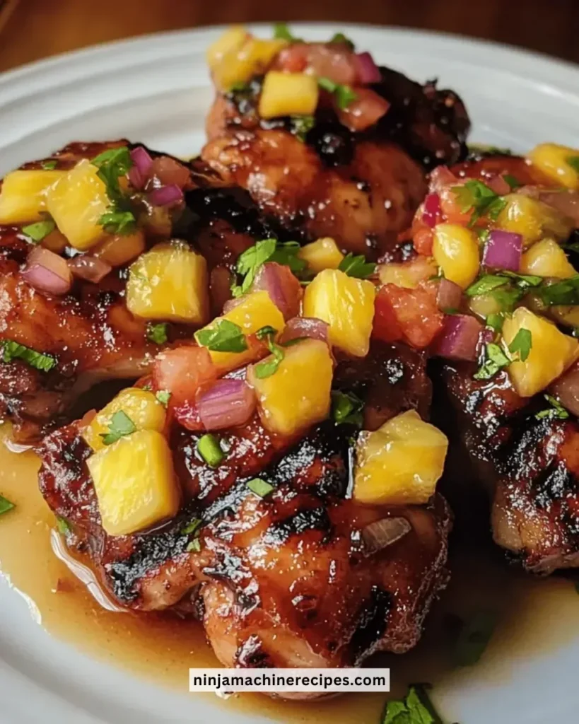 Juicy teriyaki chicken thighs garnished with pineapple salsa on a plate.