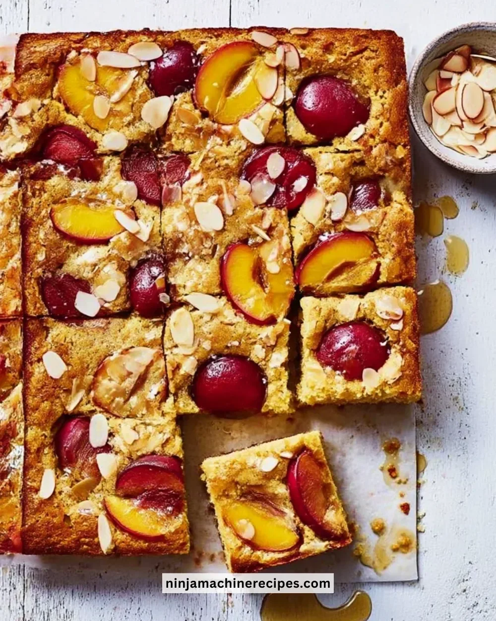 Lighter Plum and Almond Traybake with juicy plums and almonds on top