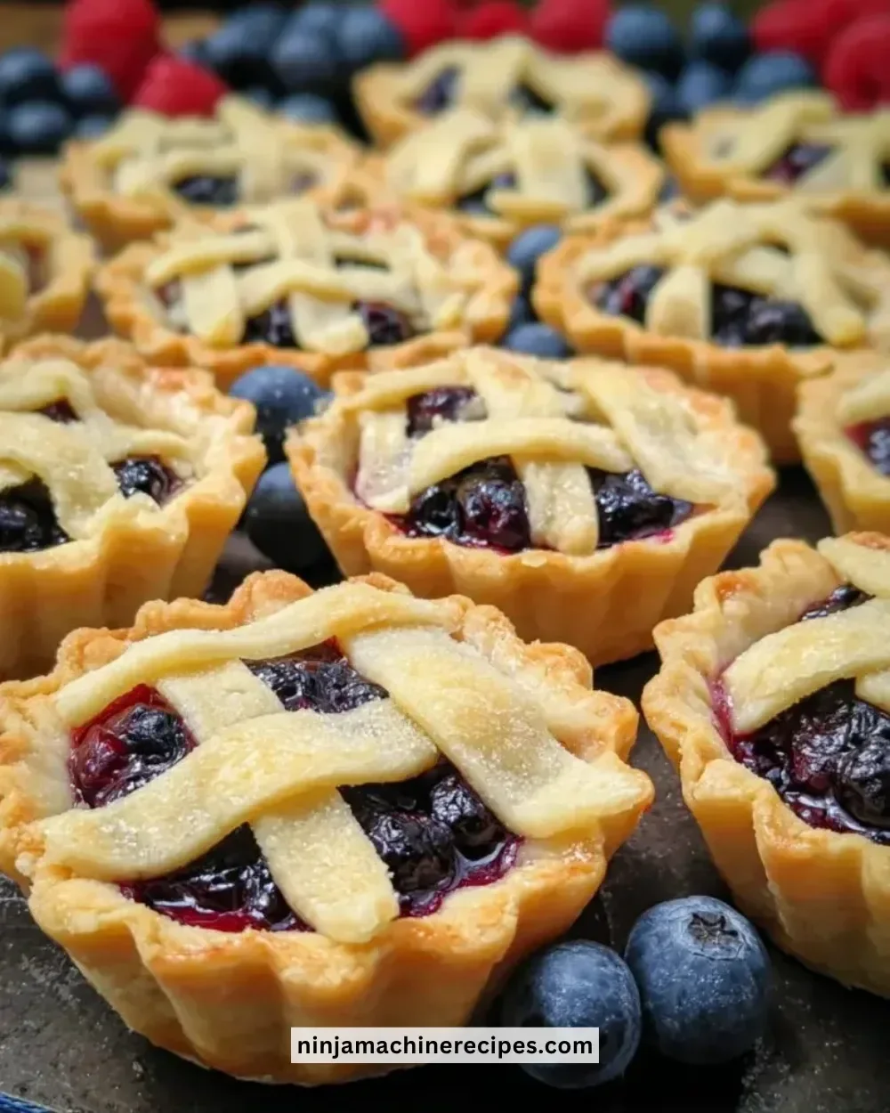 Mini blueberry pies baked to perfection with fresh blueberries and a flaky crust.