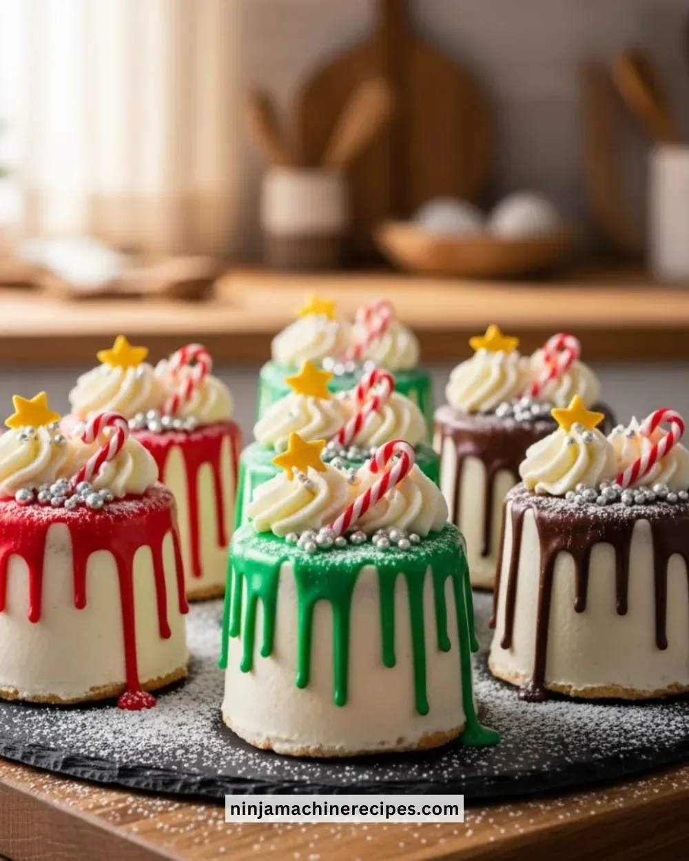 Mini Christmas drip cakes decorated with festive toppings and chocolate drizzle