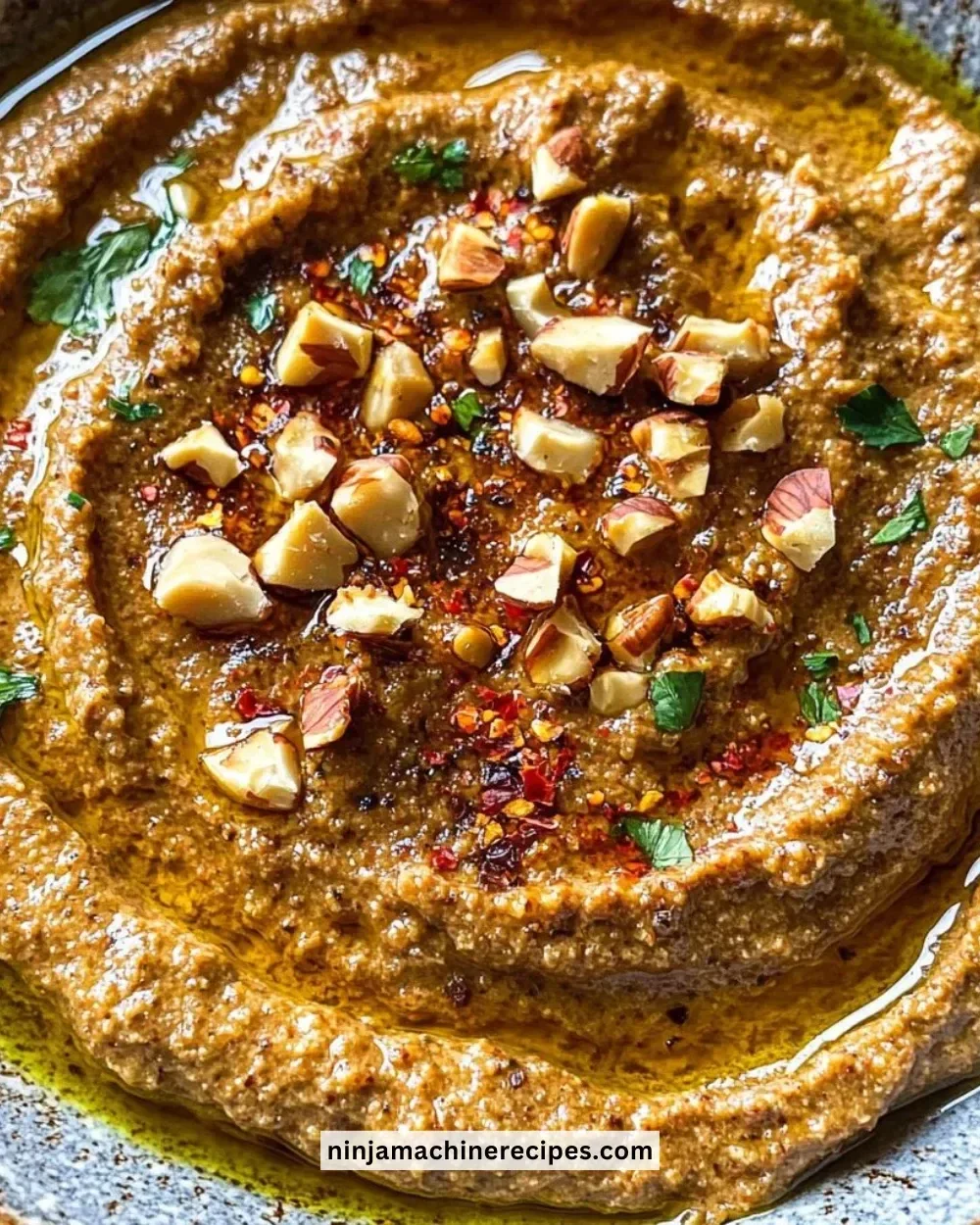 Muchicken Hammara roasted red pepper and walnut dip served with pita bread