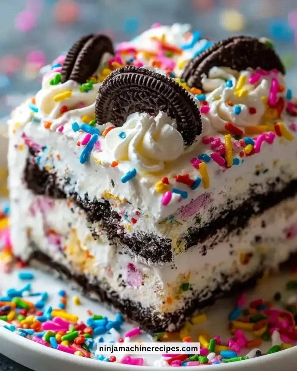 No-Bake Funfetti Oreo Icebox Cake with colorful sprinkles and Oreo crumbs