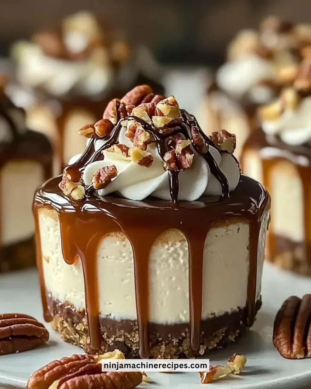 Delicious no bake turtle mini cheesecake topped with caramel and chocolate.