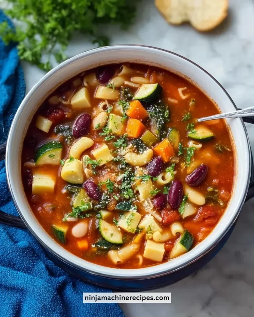 Bowl of Olive Garden Minestrone Soup with vegetables and beans