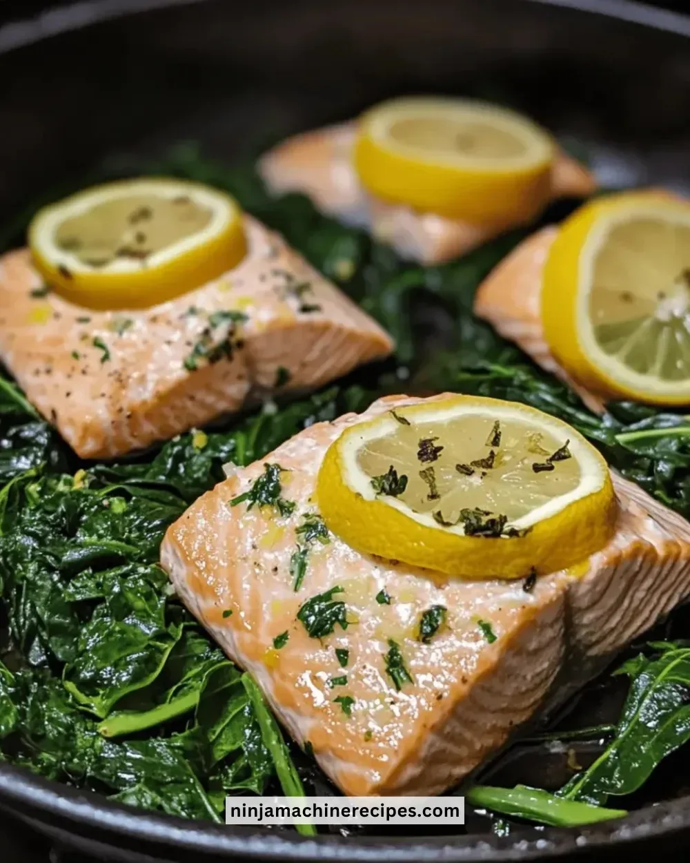 One-pan lemon herb salmon served with vibrant greens on a white plate