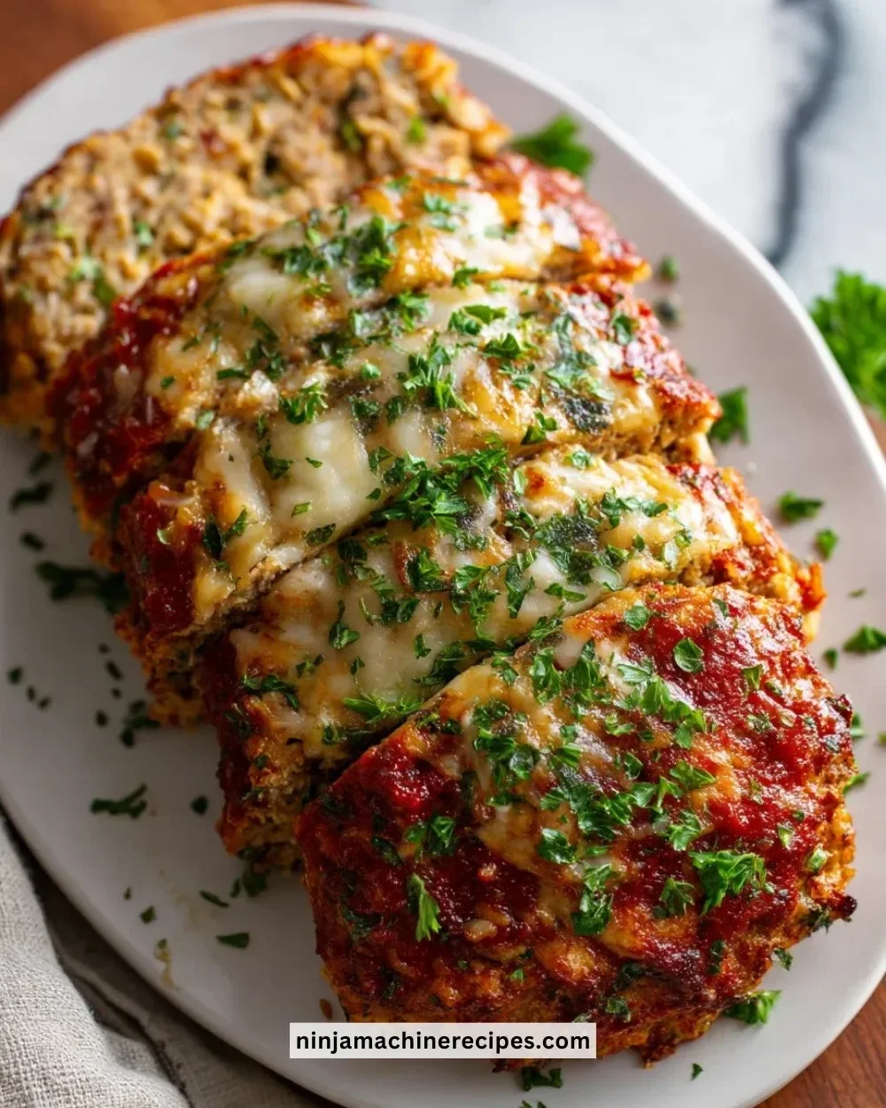 Slice of Parmesan Chicken Meatloaf served with vegetables on a plate