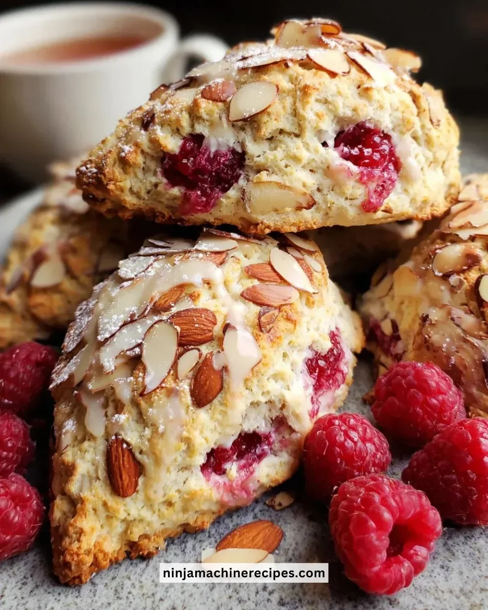 Freshly baked Raspberry Almond Scones on a plate