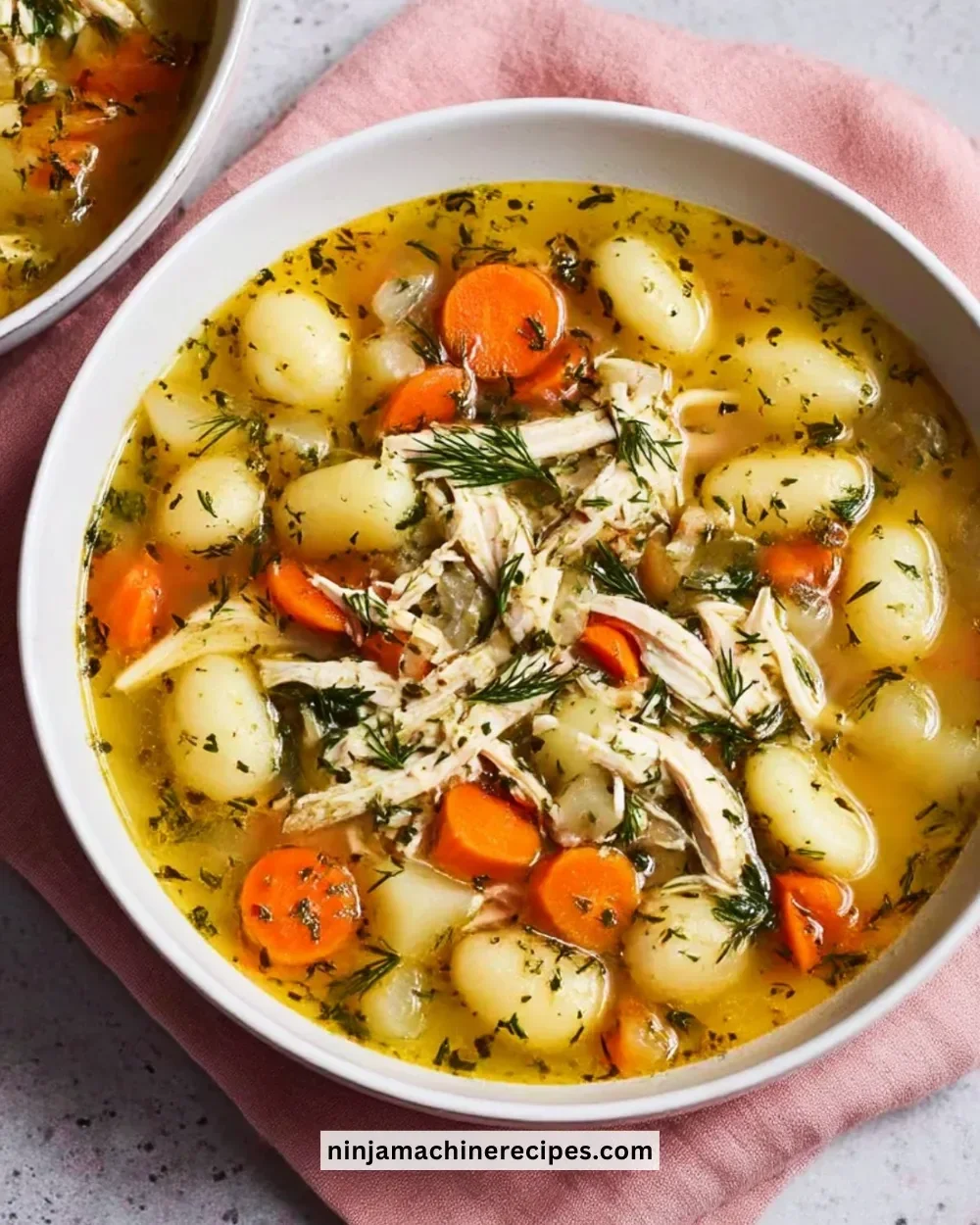 Delicious spring chicken gnocchi soup in a bowl, garnished with fresh herbs.