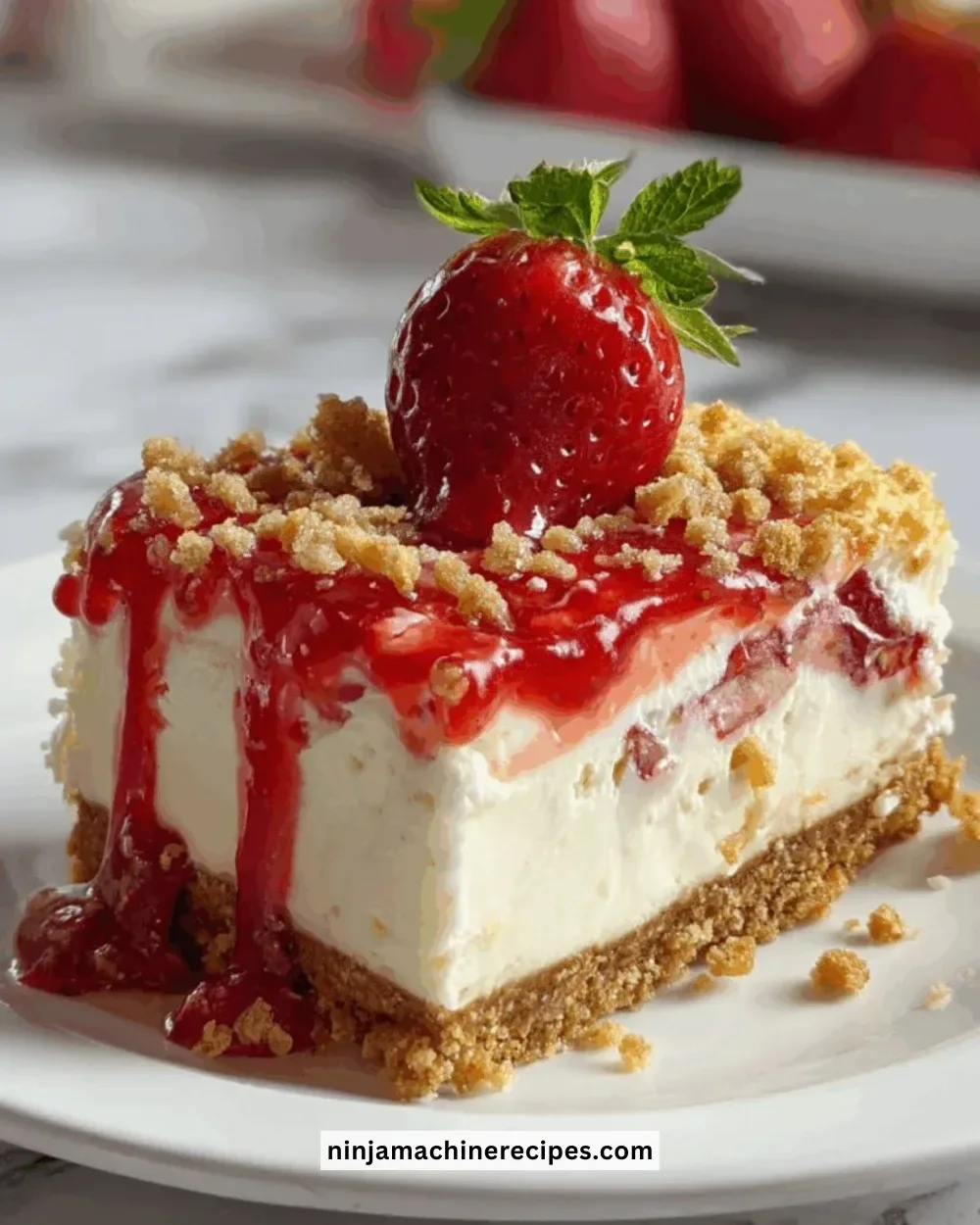 Slice of Strawberry Crunch Cheesecake Delight topped with fresh strawberries