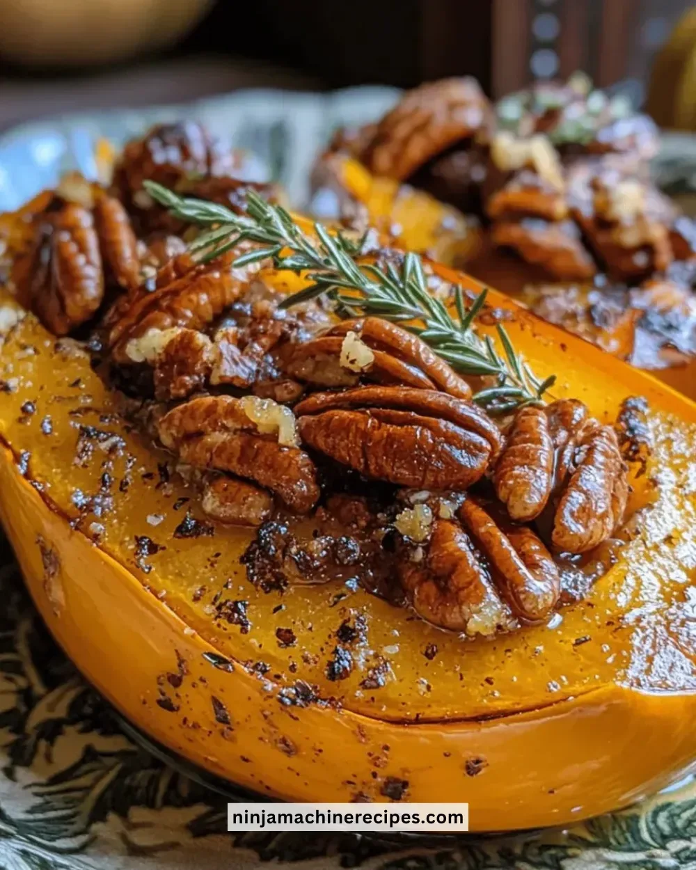 Thanksgiving Maple Pecan Roast Butternut Squash dish garnished with pecans