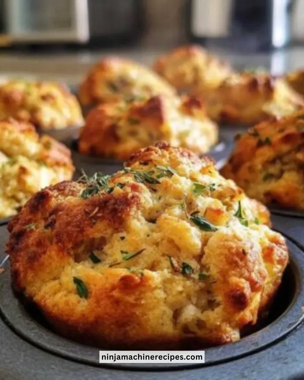 Thanksgiving stuffing muffins baked to golden perfection, served in a cozy setting.