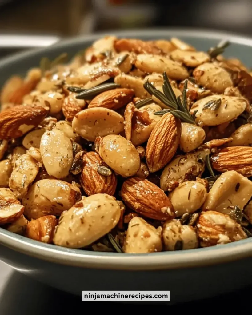 Honey rosemary almond snack mix in a bowl, perfect for healthy snacking