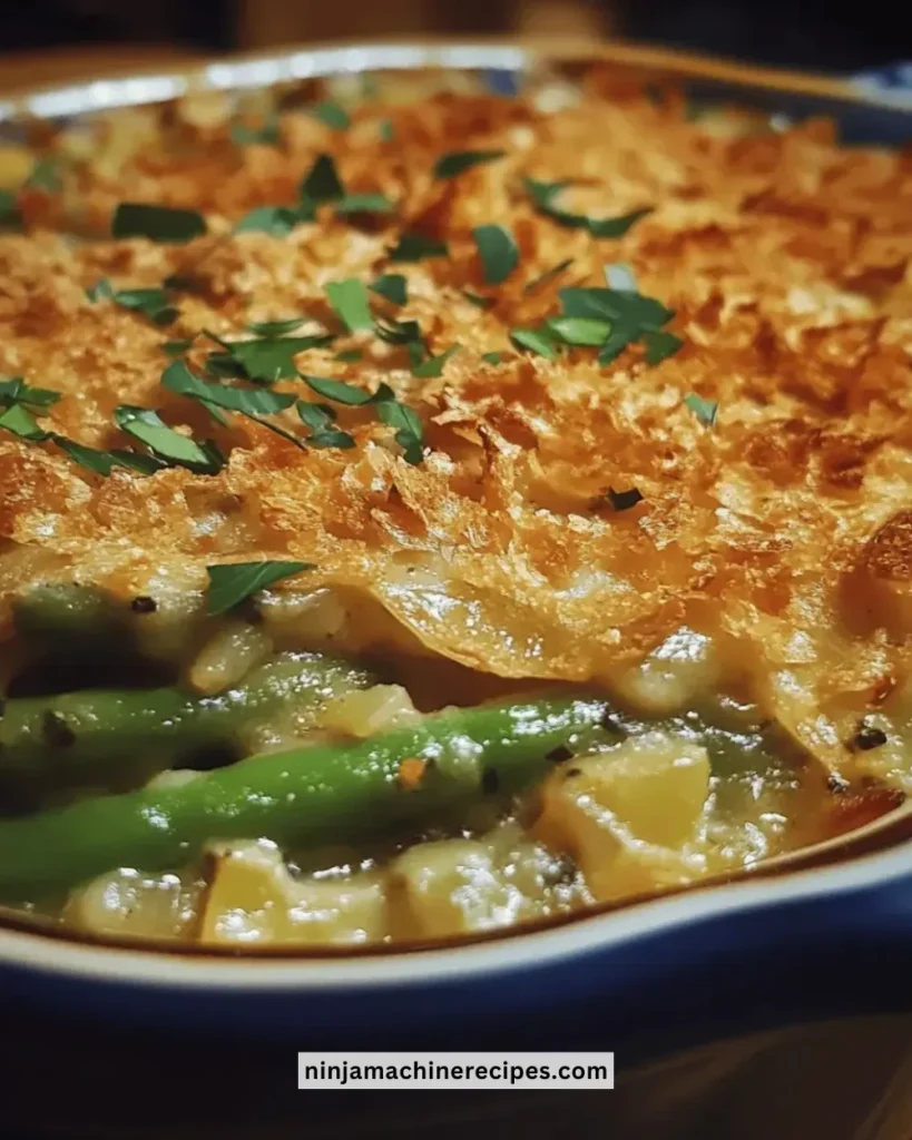 Delicious herb and garlic green bean casserole served for Thanksgiving dinner