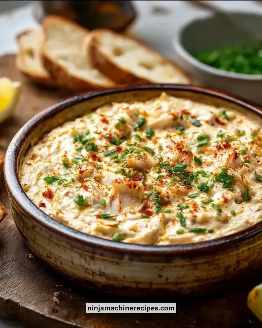 Bowl of ultimate creamy crab dip garnished with herbs and served with crackers.