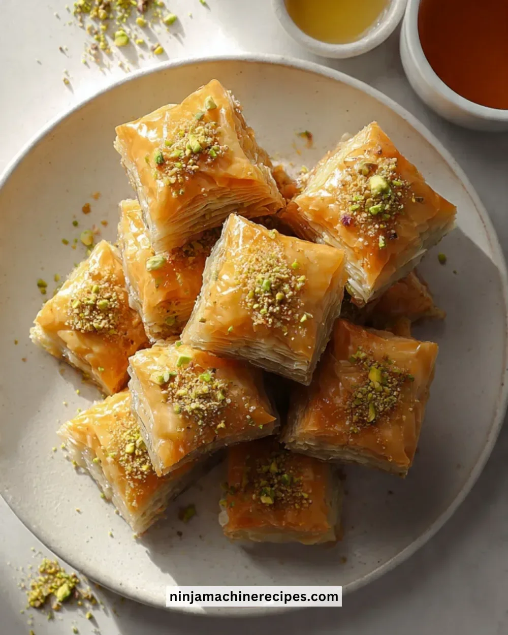 Delicious baklava cookies with nuts and honey topping on a platter