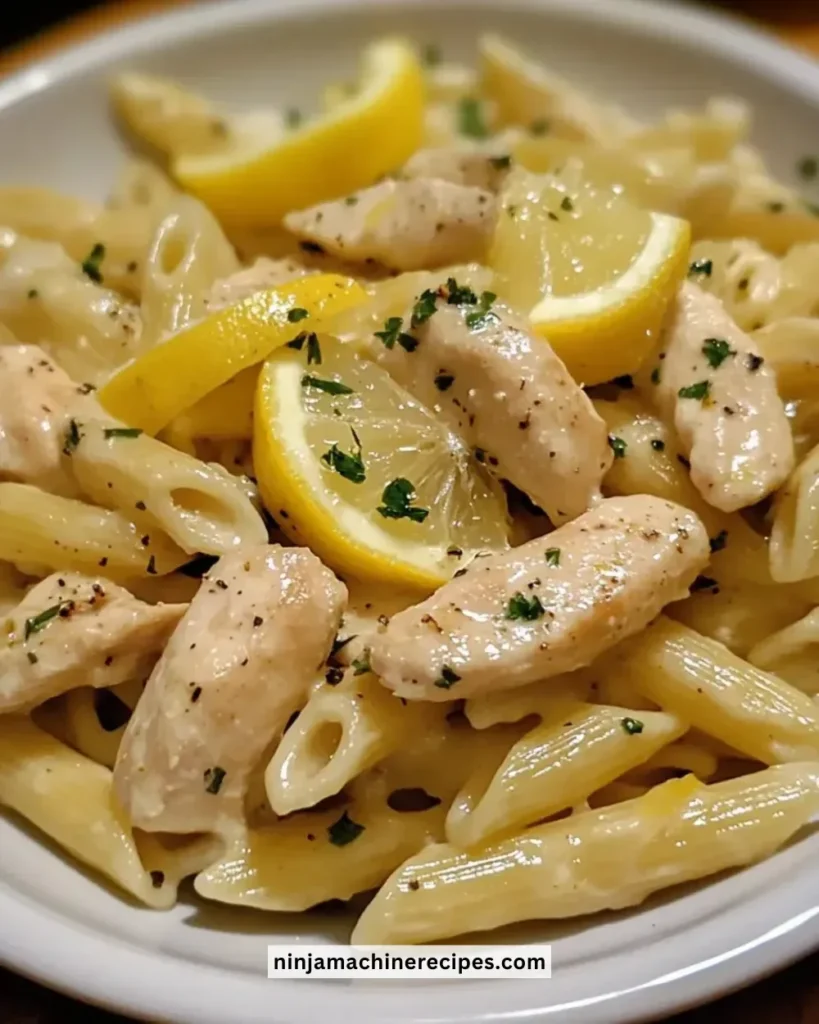 Creamy lemon chicken pasta served with fresh herbs and lemon slices.