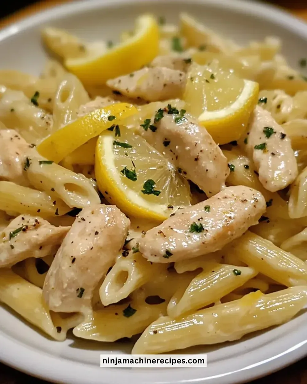 Creamy lemon chicken pasta served with fresh herbs and lemon slices.