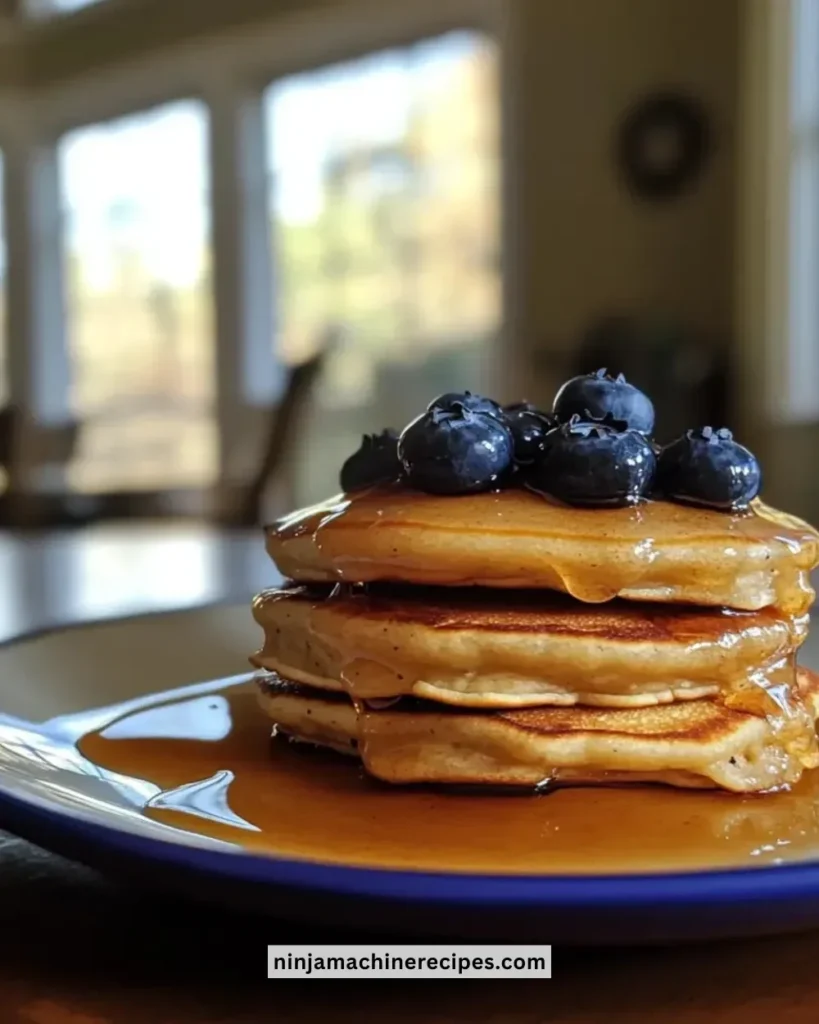 Fluffy gluten-free blueberry pancakes topped with fresh blueberries and syrup