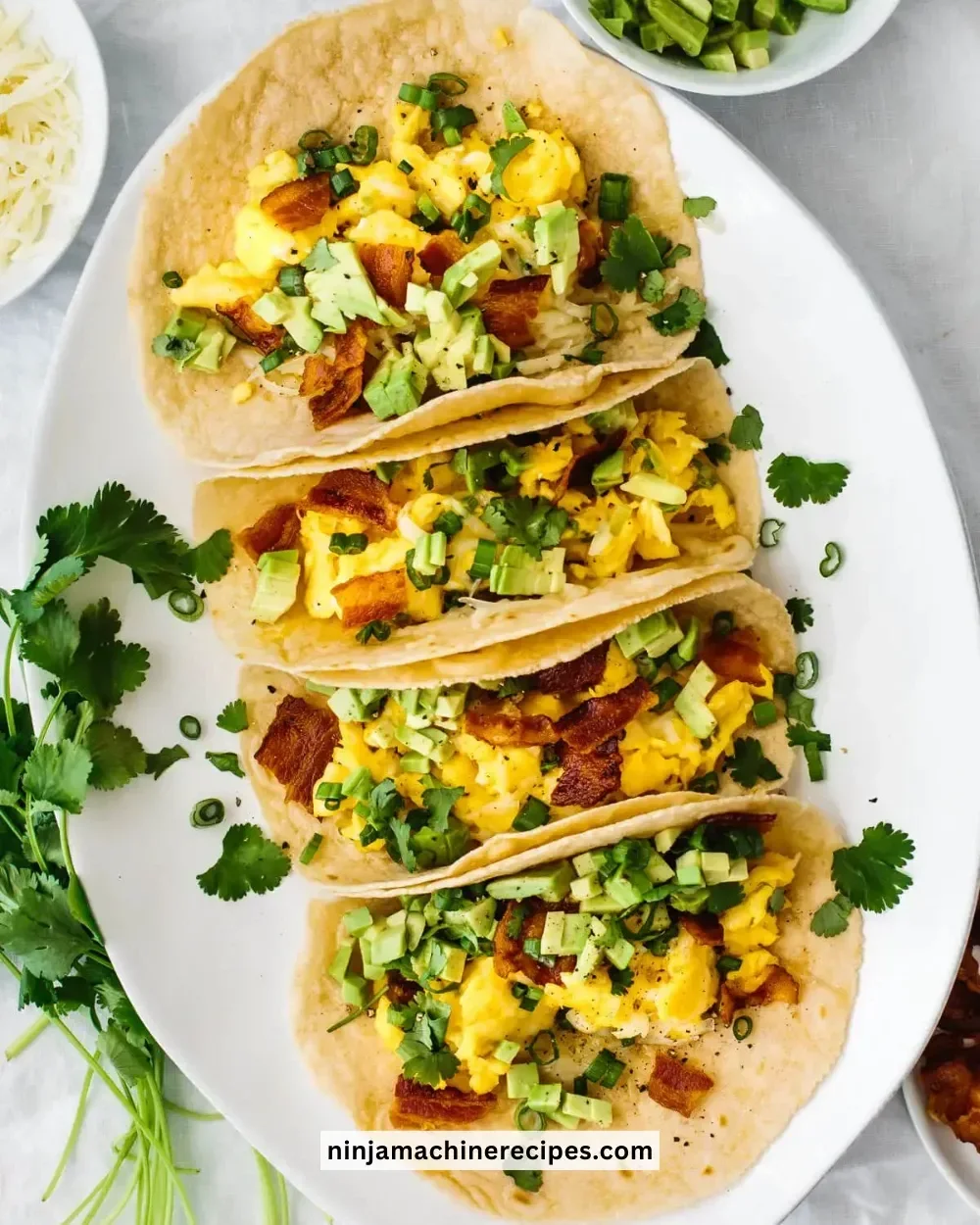 Delicious breakfast tacos filled with eggs, cheese, and fresh salsa.