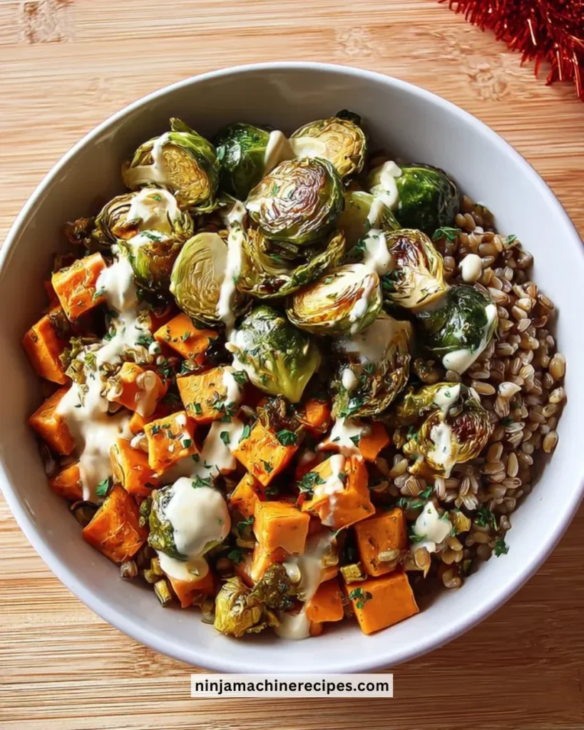 Brussels Sprouts Grain Bowl with fresh vegetables and grains