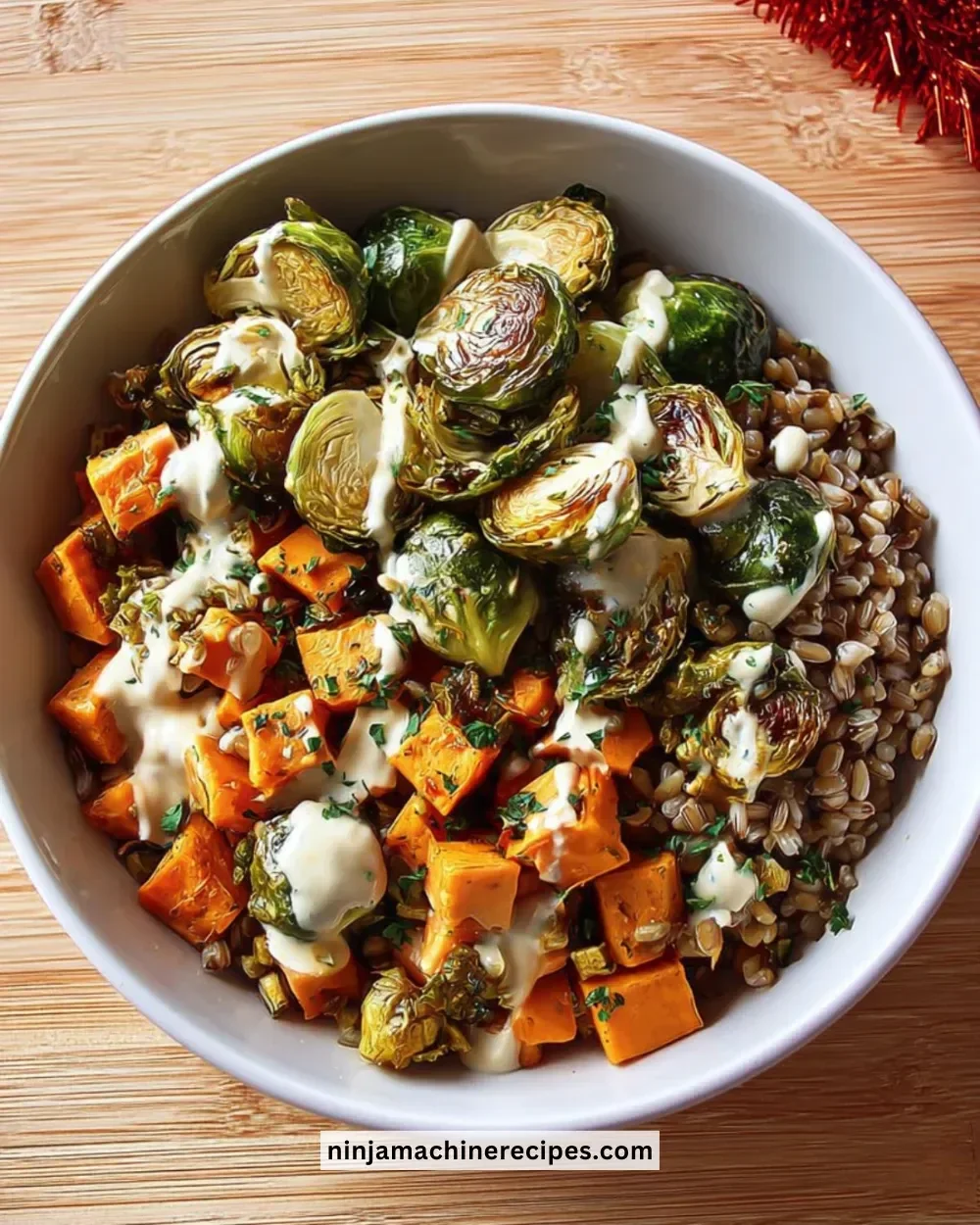Brussels Sprouts Grain Bowl with fresh vegetables and grains