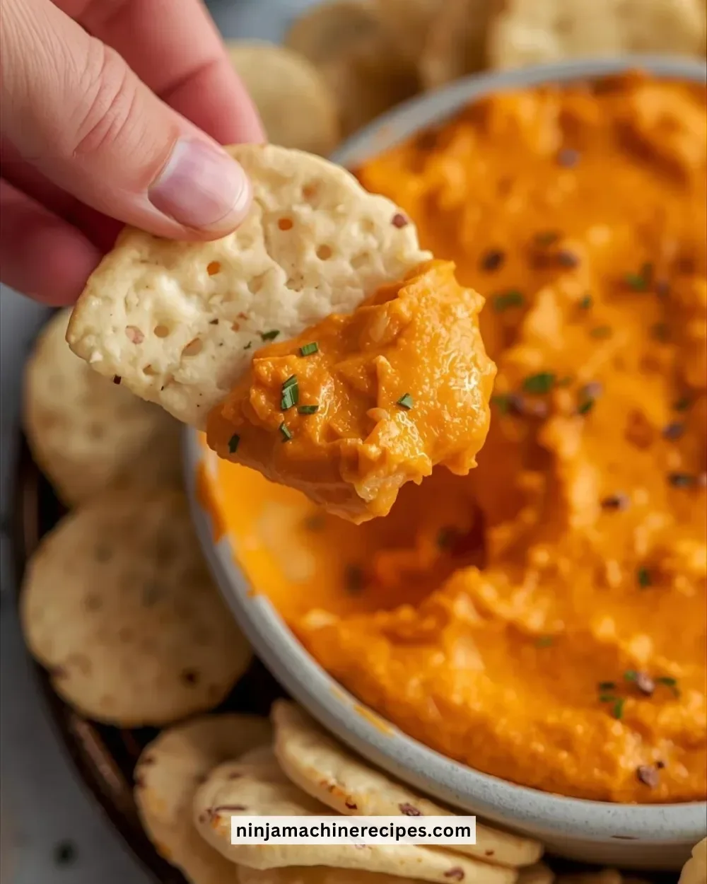 Classic Buffalo Chicken Dip served in a bowl with crackers