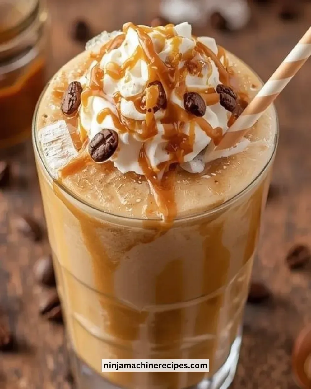 Refreshing Caramel Coffee Slushie topped with whipped cream and caramel drizzle