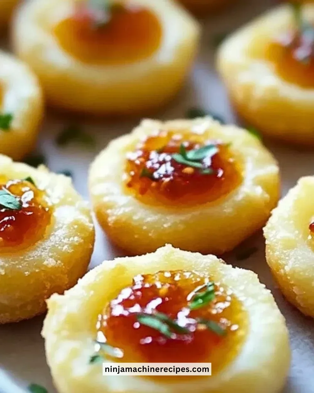 Cheesy thumbprint appetizers topped with hot pepper jelly on a platter