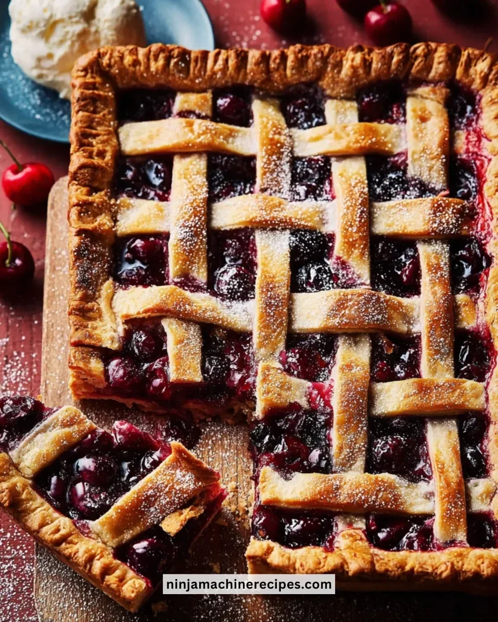 Delicious Cherry Slab Pie with sour cream filling, freshly baked and served.