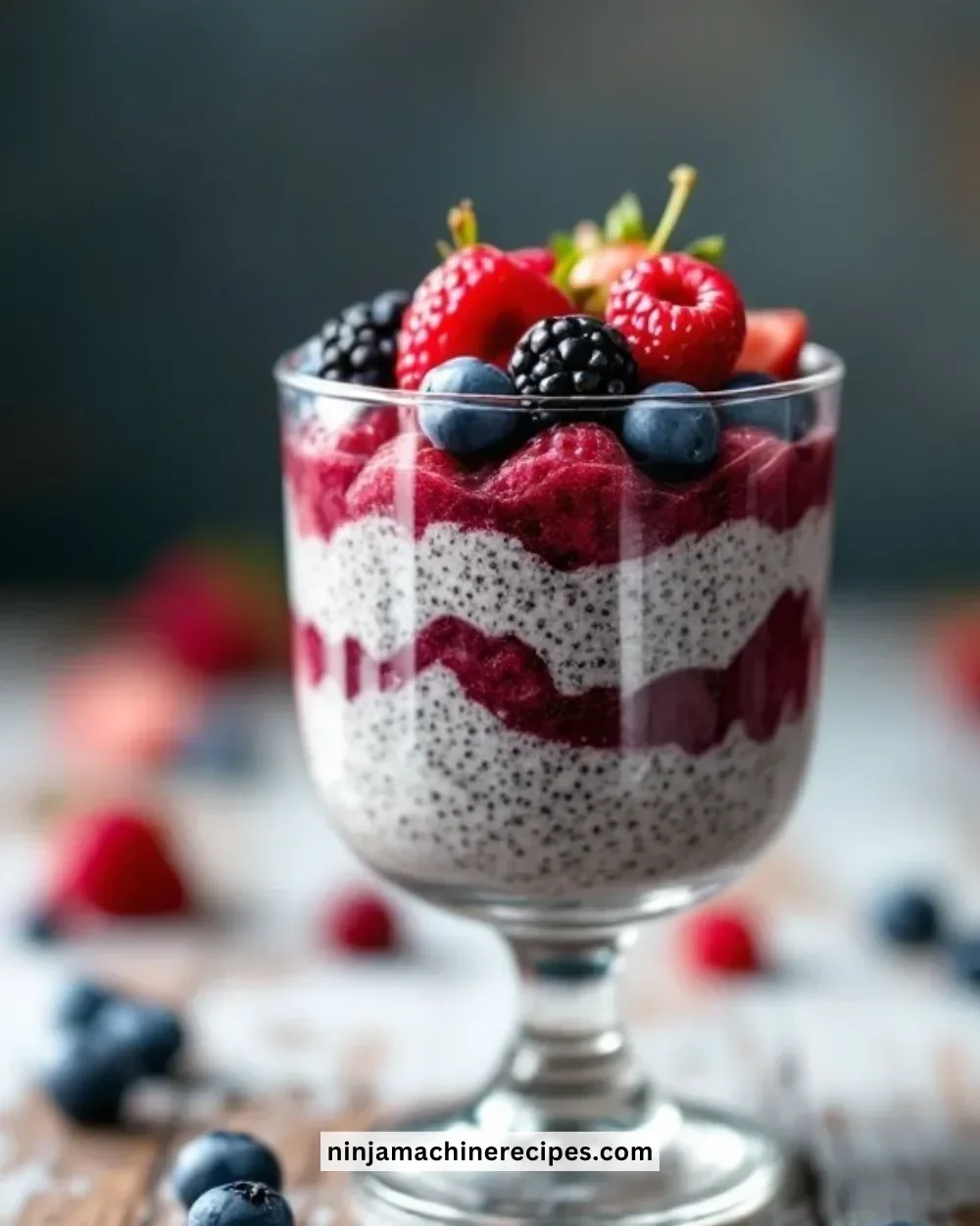 Chia seed pudding topped with fresh berries in a glass bowl