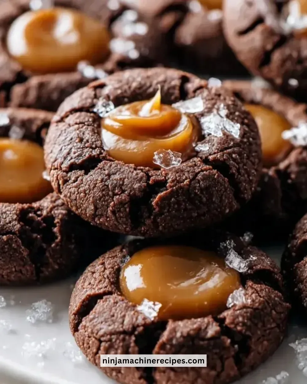Delicious chocolate caramel thumbprint cookies ready to be enjoyed.