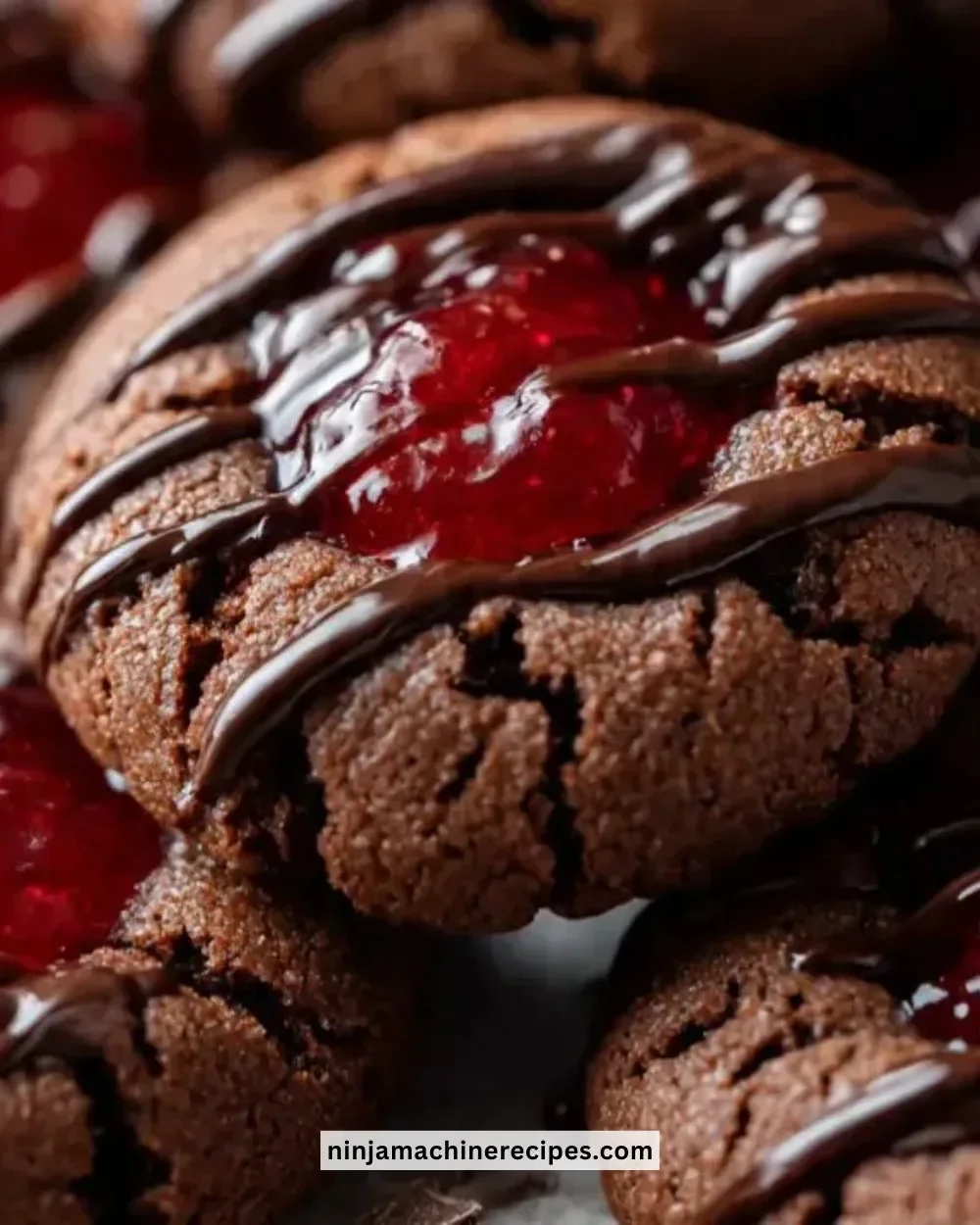 Delicious Chocolate Cherry Thumbprint Cookies on a plate