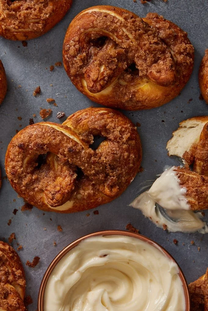 Freshly baked Cinnamon Crunch Soft Pretzels with a sweet cinnamon sugar topping