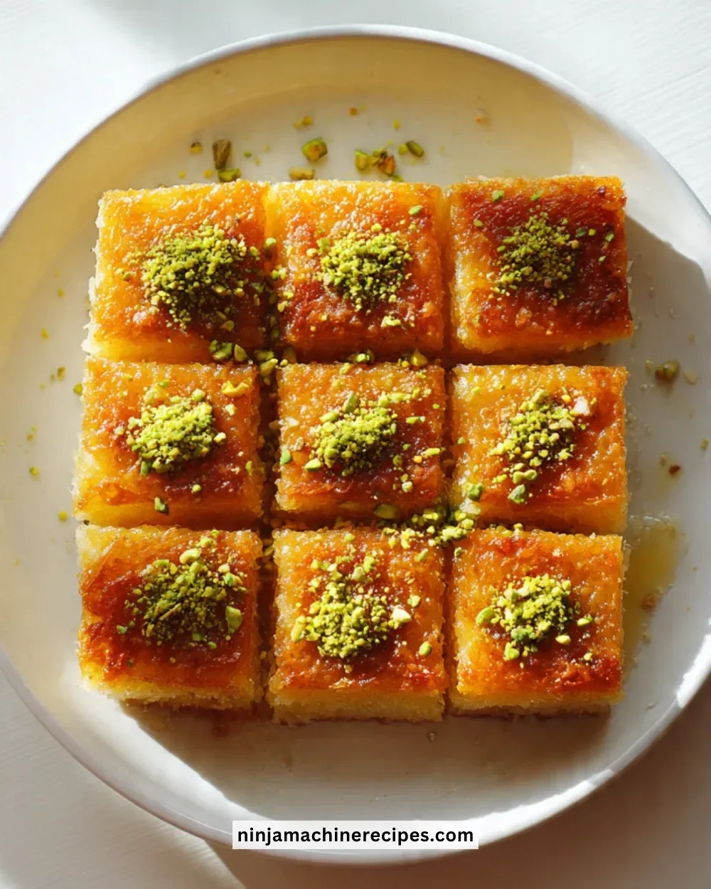 Delicious Coconut Basbousa topped with Pistachio nuts