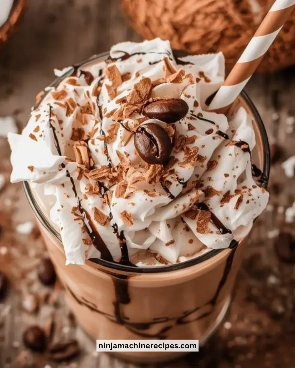 Coconut Mocha Slushie with chocolate drizzle and coconut flakes