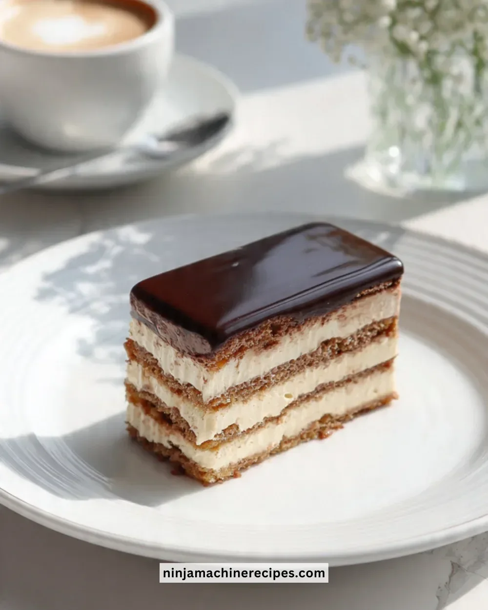 Delicious Dubai Opera Cake decorated with intricate designs, perfect for celebrations.