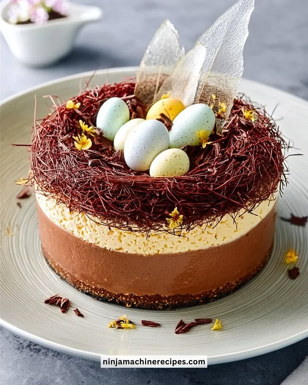 Easter Chocolate Mousse Cake topped with chocolate shavings and berries