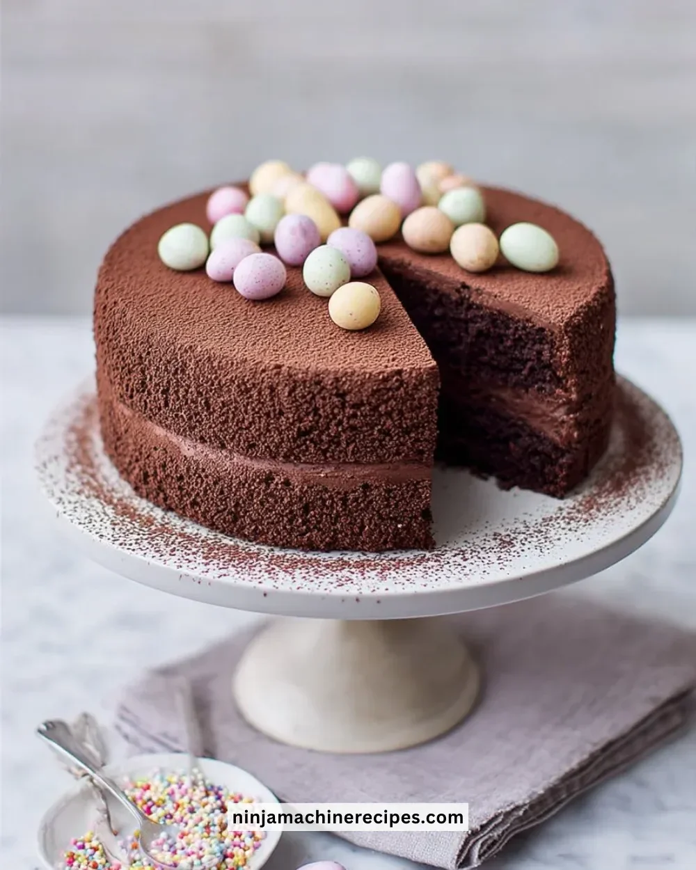 Decadent Easter Chocolate Truffle Cake decorated with chocolate shavings and eggs