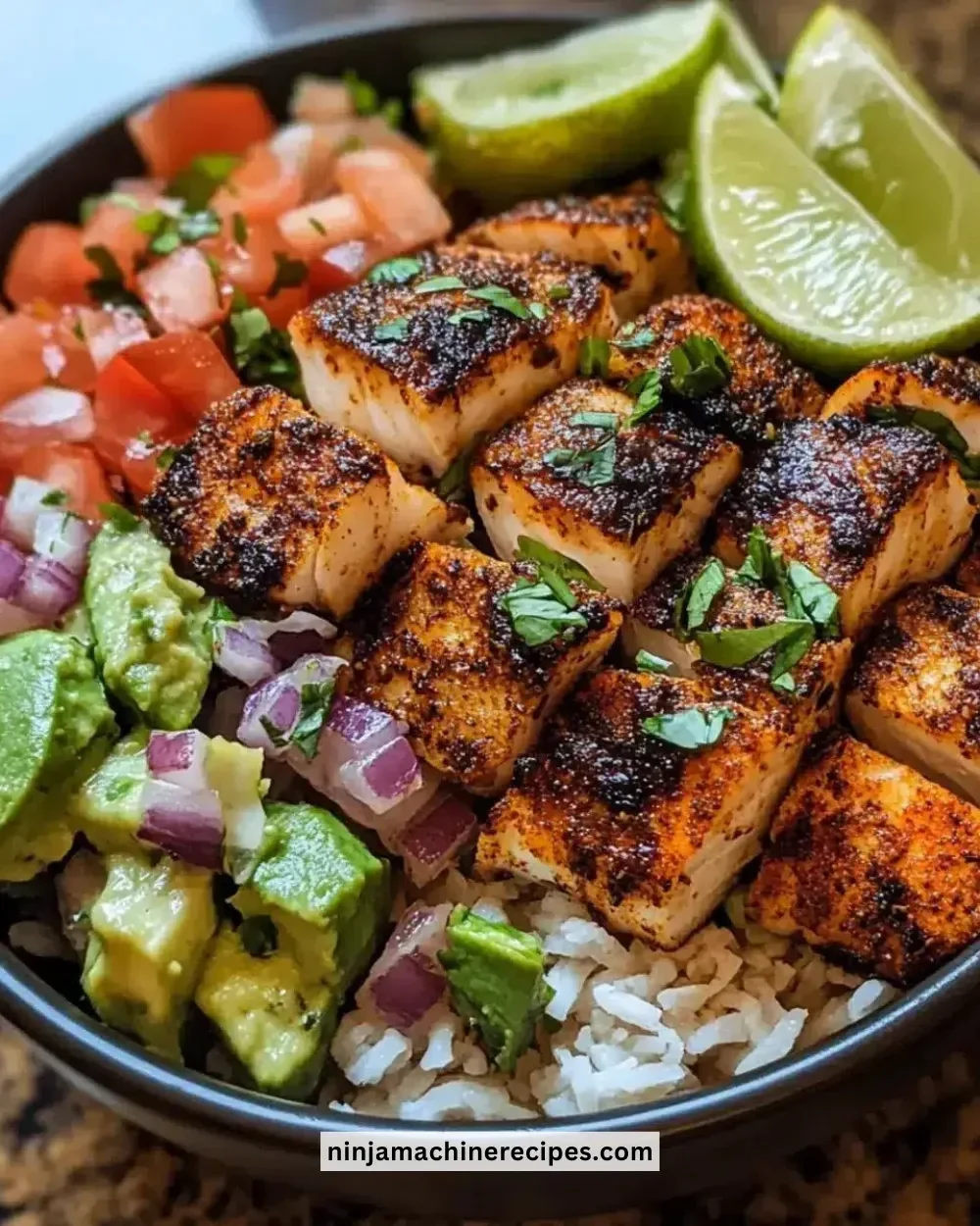 Easy blackened fish taco bowls garnished with fresh salsa and lime