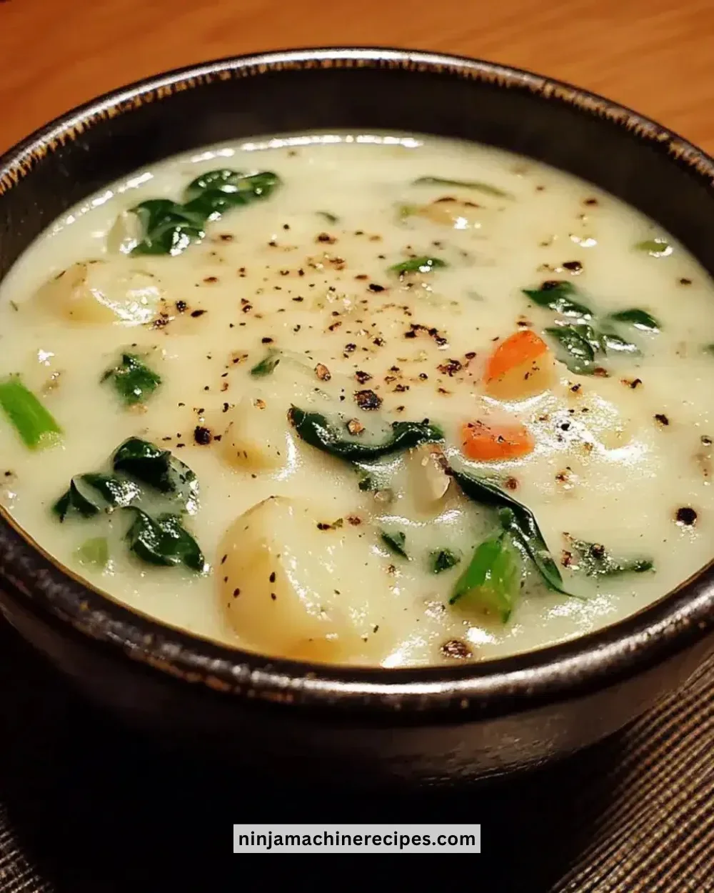 Bowl of easy creamy potato spinach soup garnished with herbs.
