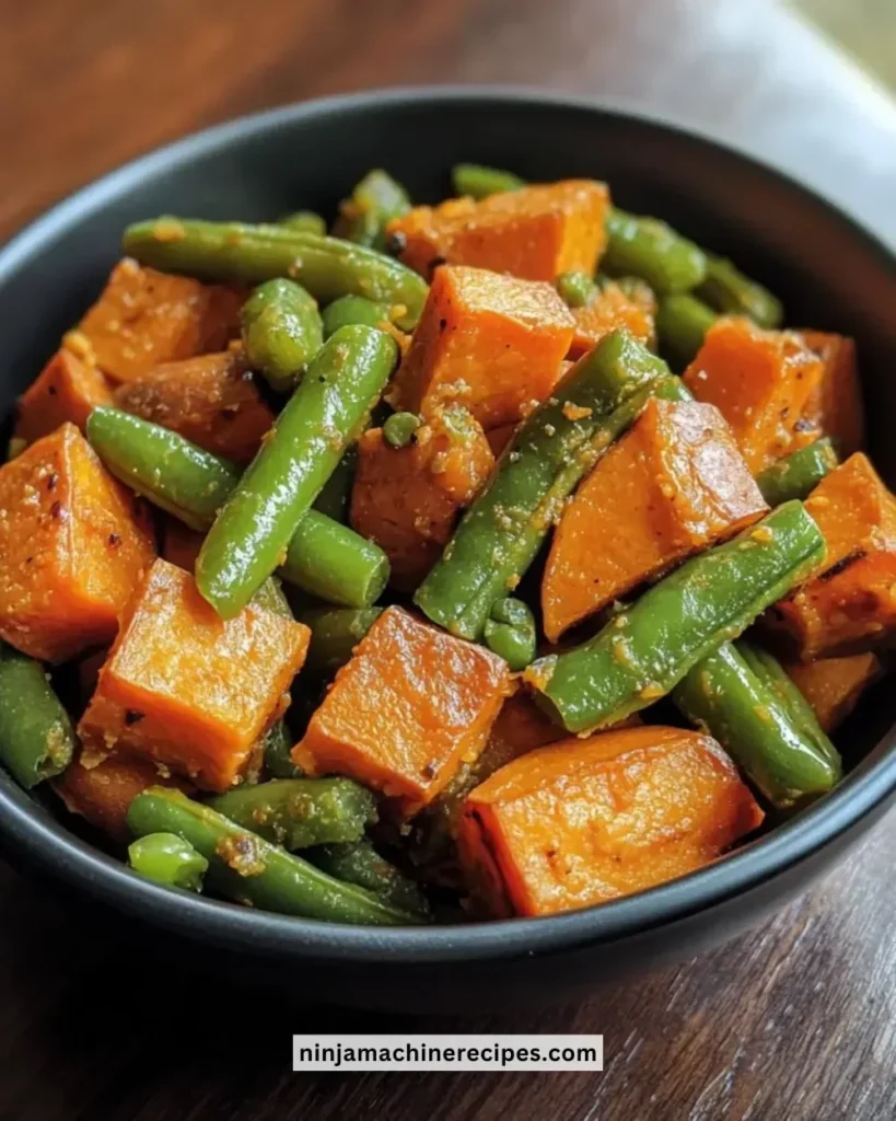 Instant Pot sweet potato and green bean medley served in a dish