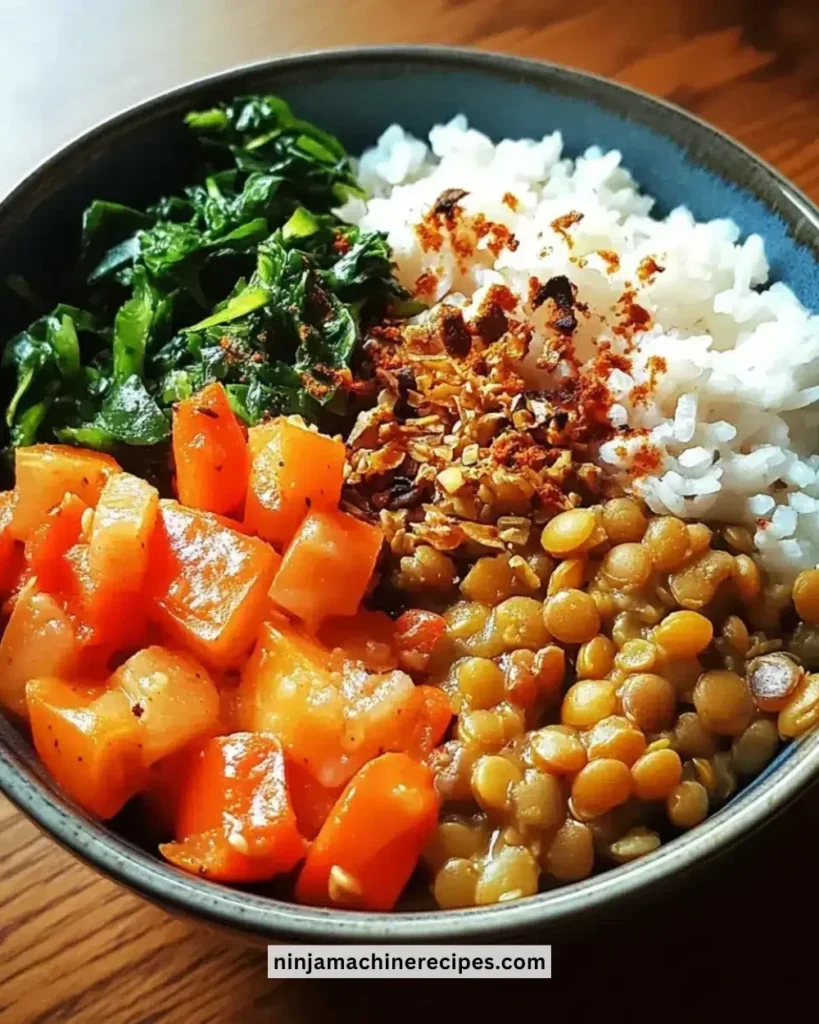 Delicious easy savory lentil and rice bowl topped with fresh vegetables