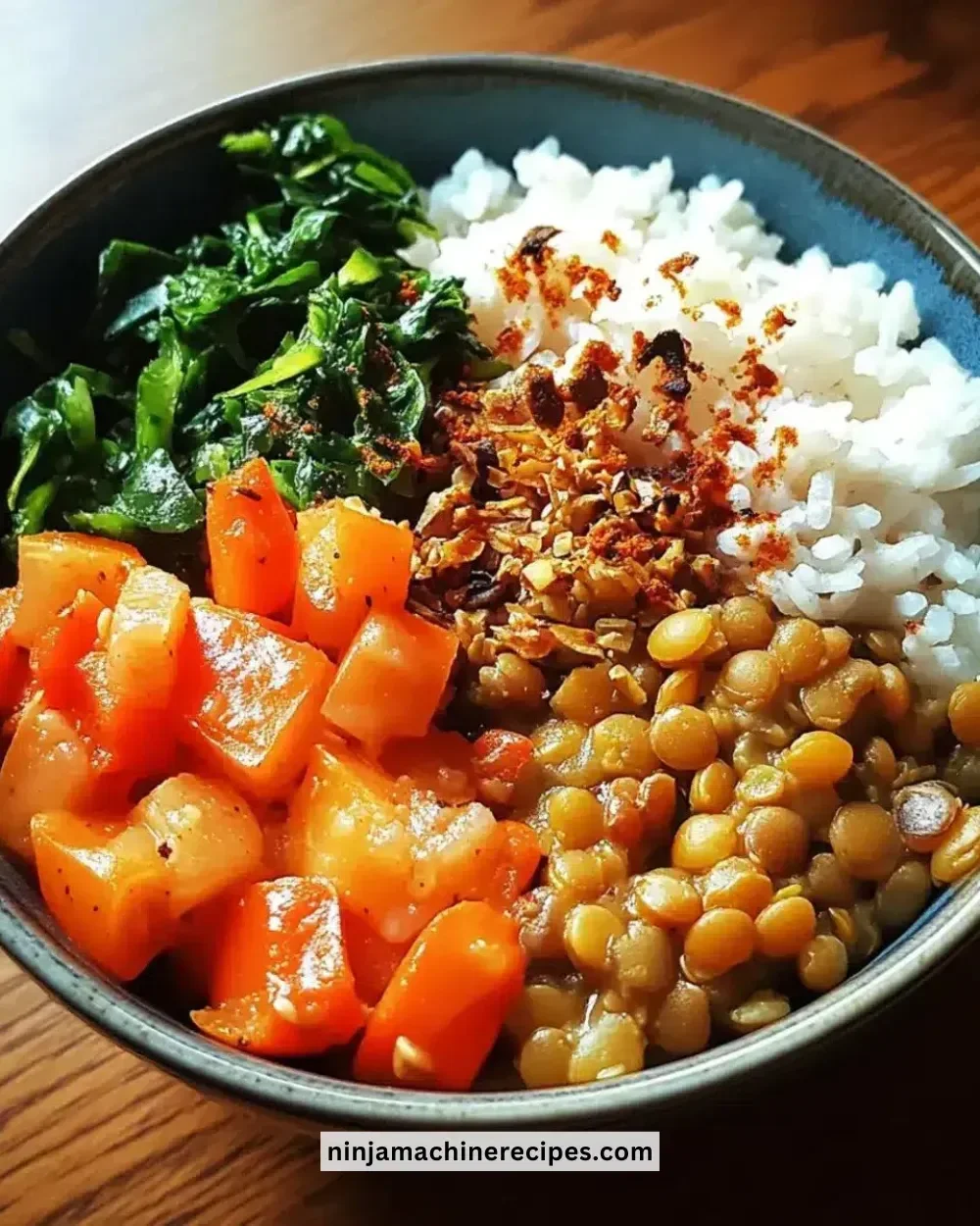 Delicious easy savory lentil and rice bowl topped with fresh vegetables