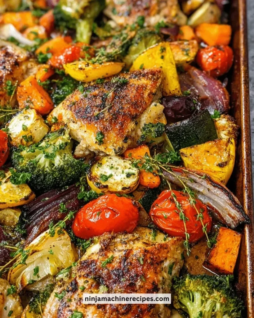 Delicious sheet pan chicken with colorful vegetables roasted together
