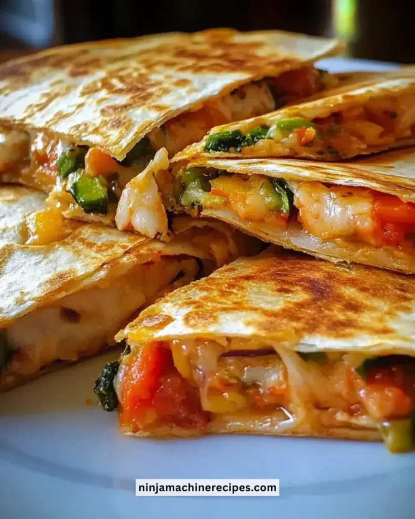Crispy veggie pizza quesadillas sliced and served on a plate.