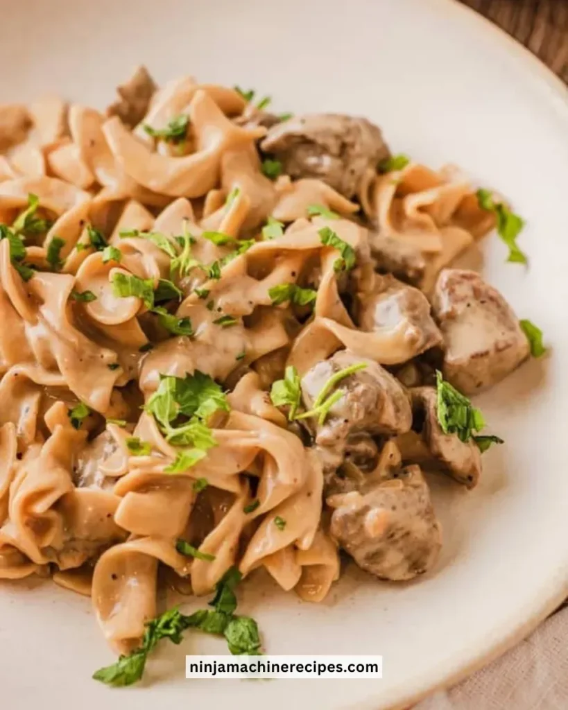 A bowl of French onion beef and noodles topped with cheese and caramelized onions.