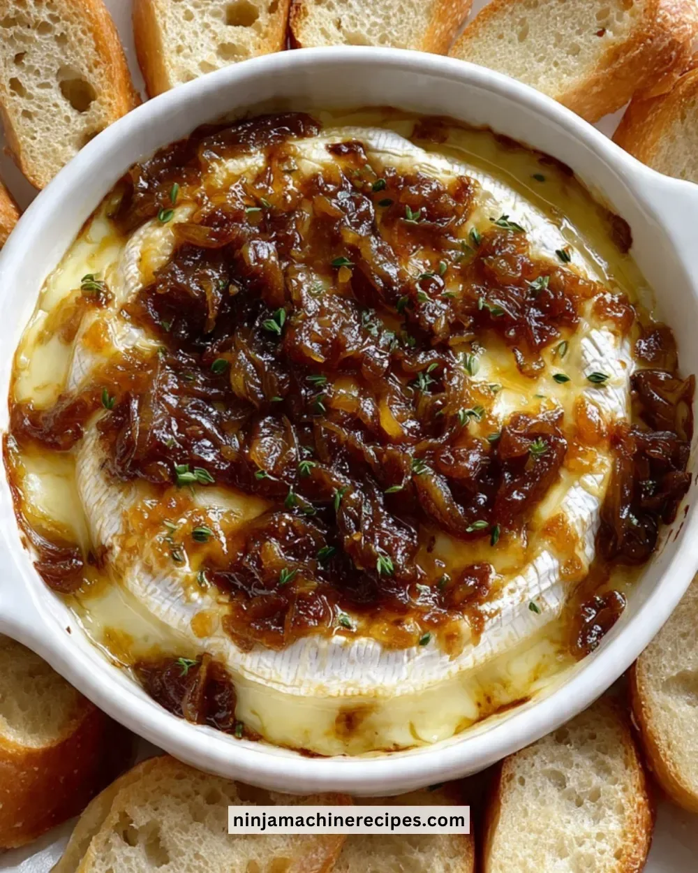 Delicious French Onion Soup Baked Brie served in a rustic pot